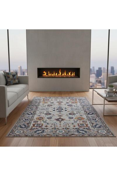 Carpettex Gri Otantik Halı Dijital Baskılı, Kaymaz Tabanlı, Yıkanabilir Leke Tutmaz Halı Kaymaz