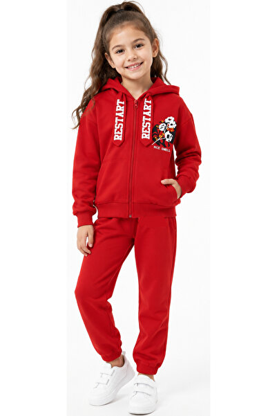 İrem Çocuk Giyim Girl's Nice Smell Text Patterned Zippered Hooded Red Tracksu...