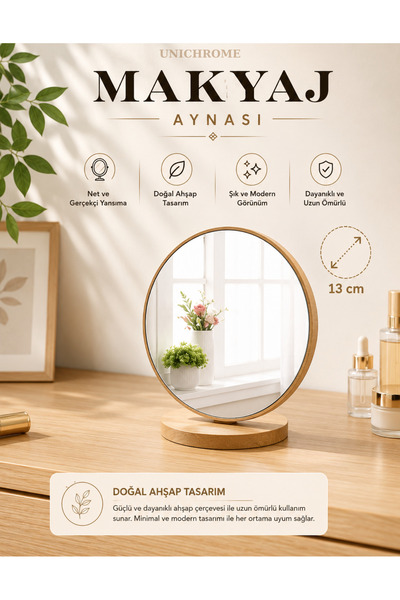 Unichrome Masaüstü Ayna Ayarlanabilir Menteşeli 13 Cm Oval Görünümlü Ahşap Ma...