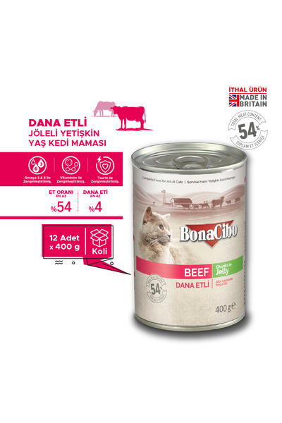 BonaCibo Jöleli Dana Etli Yaş Kedi Maması, 400 Gr X 12 Adet