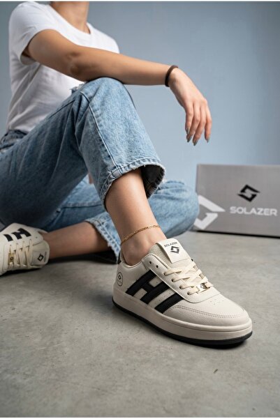 SOLAZER Kadın Bej-Siyah Sneaker Günlük Yürüyüş Spor Ayakkabı 037