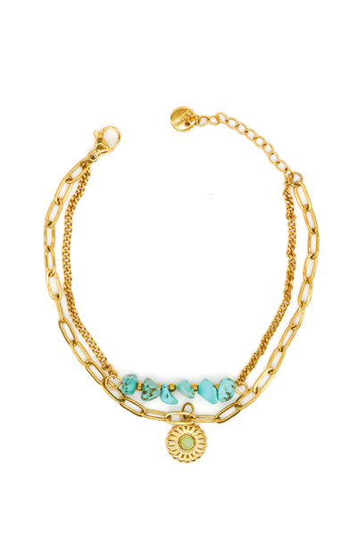 Nearsis Steel Flower Figured Double Combination Chain Bracelet with Turquoise...