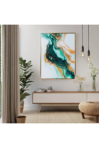 MallDeco Tablou Canvas Marmura Abstracta Turcoaz cu Accente Aurii, cu Decor A...