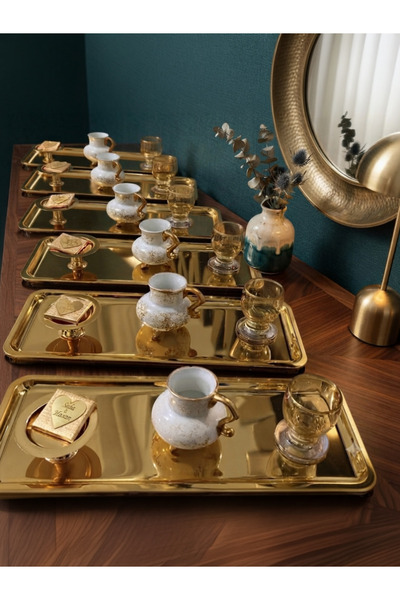 Elzemm store PASLANMAZ ÇELİK GOLD 6 ADET DİKDÖRTGEN MODEL SERVİS VE SUNUM TEP...