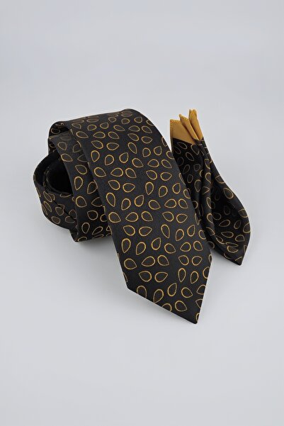 Milleniva Drop Patterned Black Gold Tie & Handkerchief
