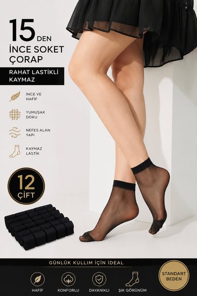 Farve 12-Pack of 15 Den Women's Black Thin Socks – Comfortable Elastic, Non-Slip, Standard Size - Color No. 500