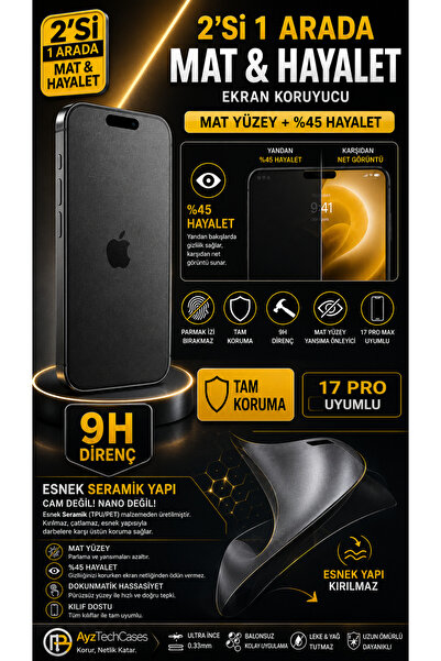 AyzTechCases İPHONE 17 PRO Uyumlu MAT+ GİZLİLİK (HAYALET) 2’si 1 Arada Tam Ka...