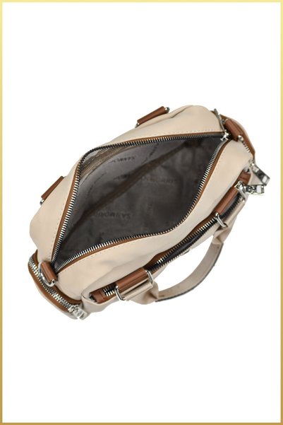 birizmoda Women's Multi-Compartment Satin Fabric Adjustable Strap Hand and Shoulder Bag - Cream