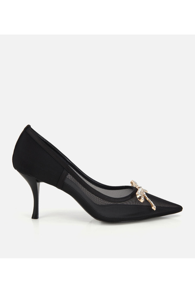 Hotiç Women's Black Sheer Bow Detail Stiletto