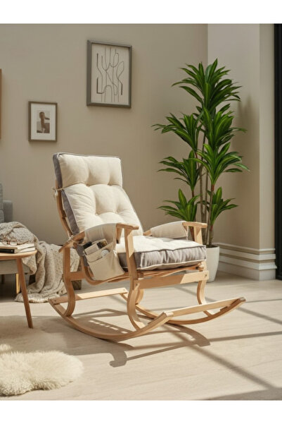 Sabaz Home İki Cepli Sallanan Sandalye, Gri Minderli Ahşap Sallanır Koltuk, R...