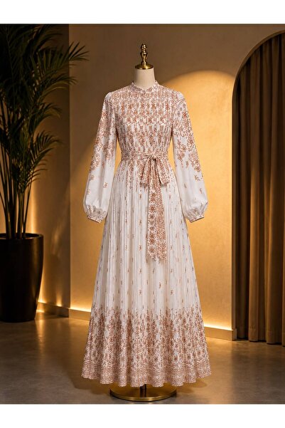 Novaİst Elegant Patterned Pleated Satin Quality Summer Stylish Dress