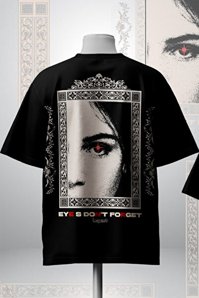 Eyes Don't Forget Oversize Siyah Unisex Baskılı Tişört Streetwear Gothic Y2K Vintage