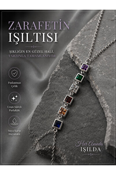TrendimAksesuar Square Colored Stone Anti-Tarnish Women's Silver Color Steel ...