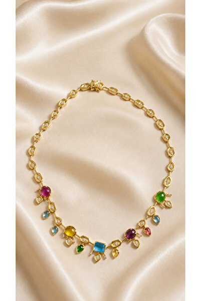 Awa Jewelry Collection Renkli Taşlı Gold Çelik Kolye