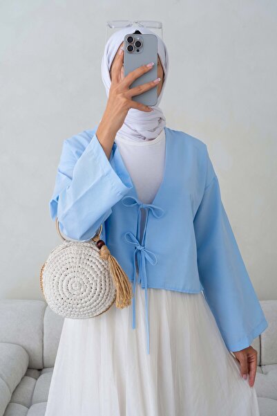 Giyim Gezegeni Önü Bağlamalı 2 Bağcıklı Mavi Kimono Gömlek Modern Şık Yeni Se...