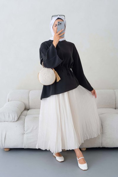 Giyim Gezegeni Black Belted Hijab Tunic Asymmetrical Cross Cut Wide Sleeve Loose Summer Women's Tunic Daily Stylish Blouse