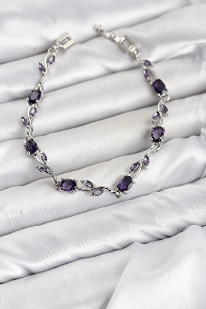 Inure Jewelry سوار نسائي من النحاس باللون الفضي مع حجر الزركون الأرجواني على ...