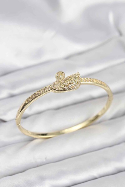 Inure Jewelry سوار نسائي من النحاس بلون ذهبي مرصع بحجر الزركون على شكل بجعة