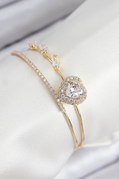 Inure Jewelry Brass Zircon Stone Heart Model Gold Color Women's Bracelet