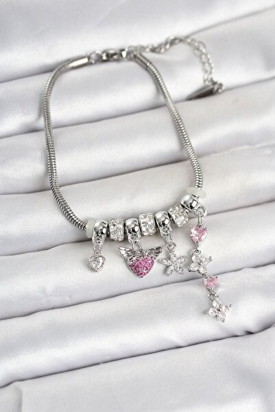 Inure Jewelry Brass Silver Color Heart and Flower Detailed Charm Women's Brac...