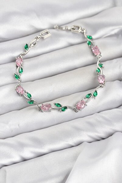 Inure Jewelry سوار نسائي من النحاس الفضي اللون الوردي مرصع بحجر الزركون على ش...