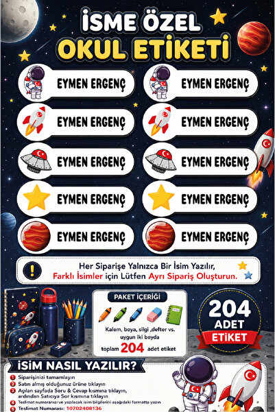 Ayza Tasarım İsme Özel Su Geçirmez Okul Etiketi Sticker Kişiye Özel Erkek Çoc...
