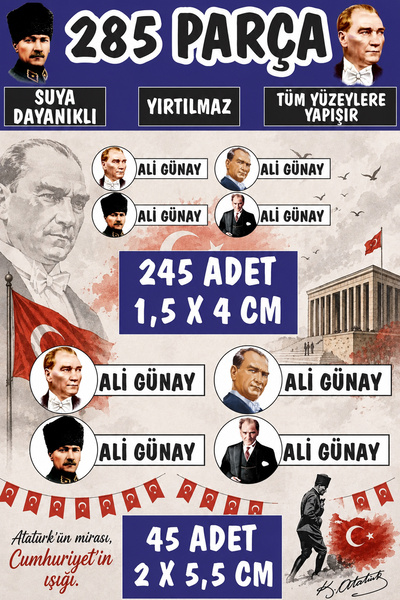 Kt Grup Okul Etiketi Kalem Defter Etiketi Atatürk Temalı Özel Isimli Etiket 4...