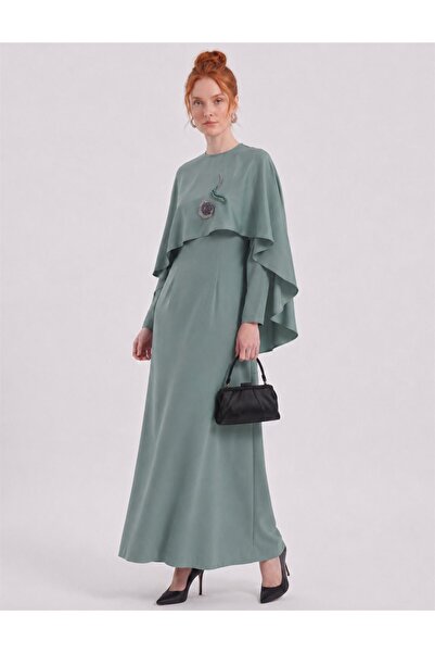 Kayra Cape Detailed Satin Dress in Moss Green