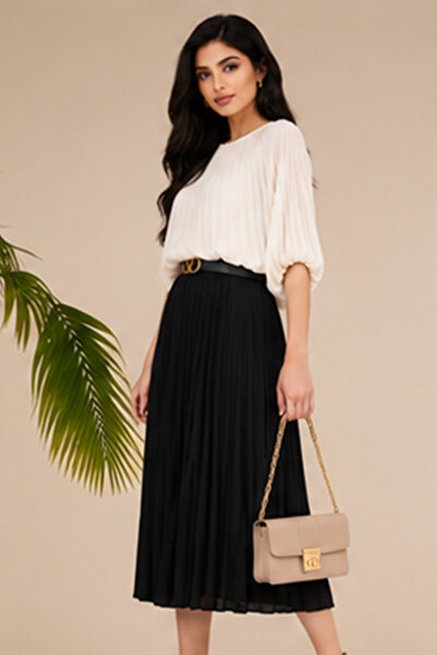 FIRST STYLE طقم تركي مكون من قطعتين تنورة بيليسيه باللون الأسود وتوب باللون ا...