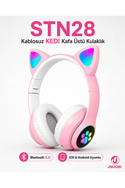 JNUOBI Işıklı Bluetooth Yeni Stn-28 Model Figürlü Kedi Kulaklık Radyo Hafıza ...