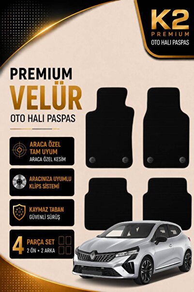 K2 CARPET Premium Velür Oto Halı Paspas Renault Clio 5 Hatchback Uyumlu Klips...