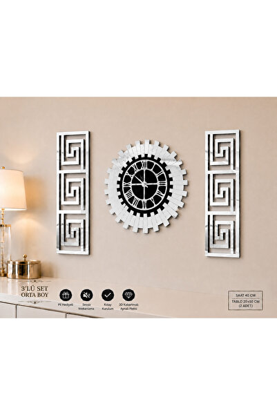 EYKA STORE Dekoratif 3 Lü Set Pleksi Gümüş Aynalı 3d Kabartmalı El Boyaması Ş...
