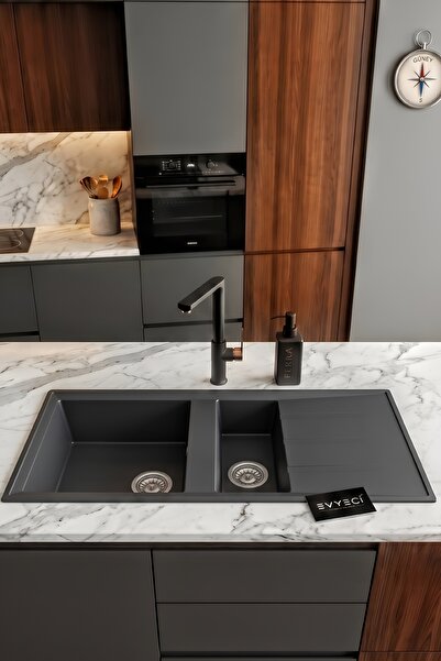 RealStone P013 Salda 1.5 Göz Damlalıklı Granit Evye 1000x500 mm Antrasit