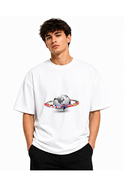 Inscriptie Tricou Unisex Bumbac Premium Casual " World globe with flag "