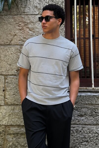 Madmext Painted Gray Crew Neck Basic Striped Men's T-Shirt E7102