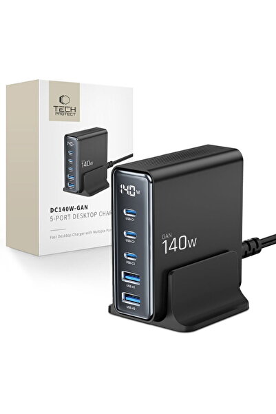 Tech-Protect GaN 2x USB-A + 3x USB-C PD QC 3.0 140W Negru