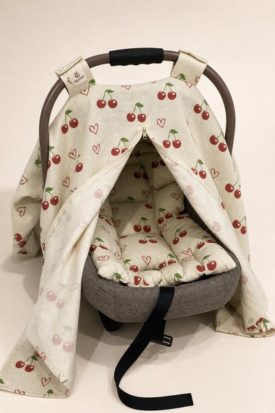 Ponchik Cherry Patterned 100% Cotton Gots Certified Zippered Stroller Cover and Cushion Set (100X90 cm)