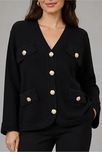 trikobis Nervür Special Design Knitted Cardigan with Pocket Covers and Tape D...