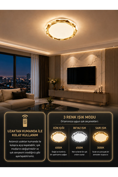 Modavize ESTELLA Safir LED GOLD Avize Modern Tasarımlı Uzaktan Kumandalı 3 Re...