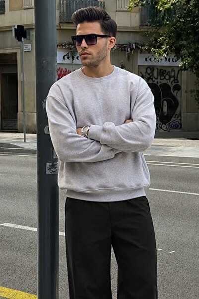 Madmext Karmelange Rundhals-Oversize-Basic-Herren-Sweatshirt 6048
