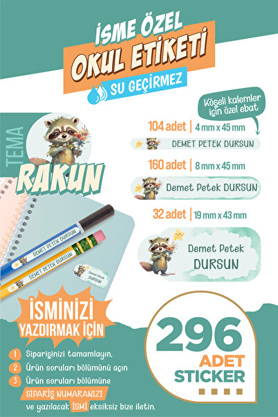 colortouch 296 ADET  Rakun Temalı Okul Etiketi Sticker Kalem Etiketi Defter E...