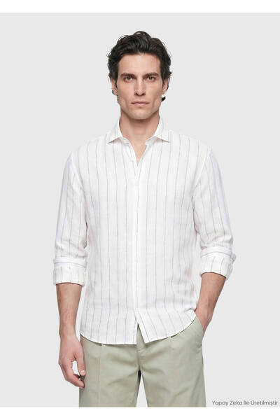 Ramsey Açık Gri Düz Casual Fit Uzun Dokuma Casual %100 Keten Gömlek