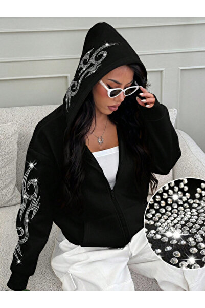 MOONBULL Kadın Kolları ve Kapüşonu Tribal Desen Taş Baskılı Fermuarlı Sweatshirt