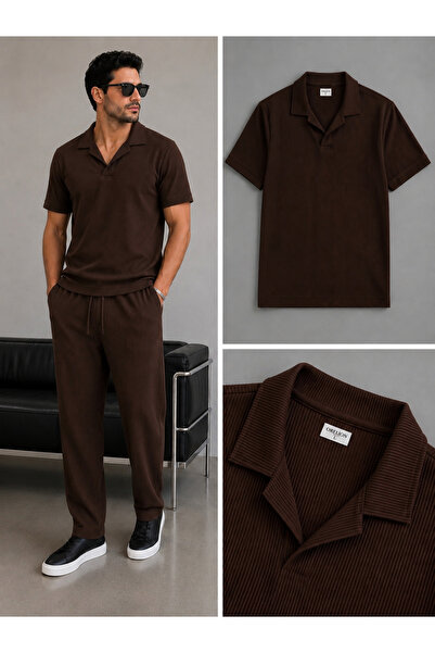 WENMİNG Men's Corded Fabric Ottoman Fabric Polo Collar T-Shirt Pants Bottom T...