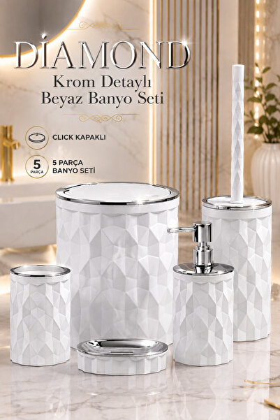 Store Hgy Home Krom Detaylı Kırık Beyaz Diamond 5'li Banyo Seti