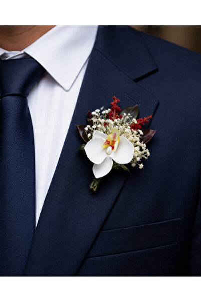 jujü Beyaz Orkide Tasarımlı Damat Yaka Çiçeği, Beyaz El Yapımı Yaka Çiçeği, S...