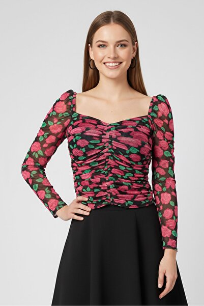 PİNKO Women Sweetheart Neck Long Sleeve Floral Print Top, Multicolor
