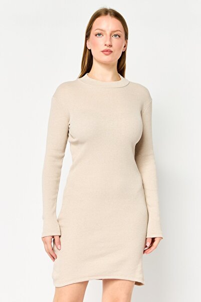 Bianco Lucci Women Ribbed Mini Dress, Beige