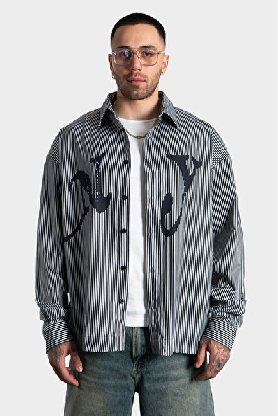 GRJ denim Ny Black Striped Oversize Men's Shirt