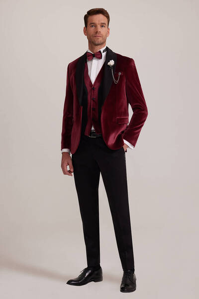 Ysf Erkek Bordo Şal Yaka Yelekli Slim Fit Damatlık